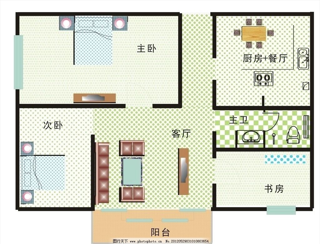 專業(yè)室內(nèi)平面設(shè)計 整合書房、沙發(fā)、電視機、床及其他元素打造理想空間